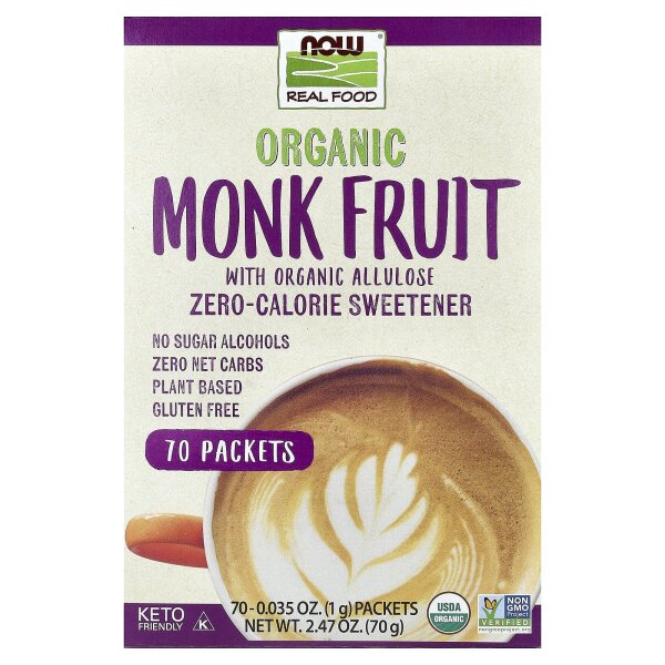 NOW Foods, Organic Monk Fruit, Bio-Mönchsfrucht, kalorienfreier Süßstoff, 70 Päckchen, je 1 g