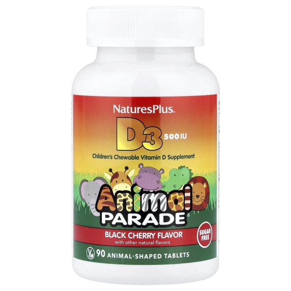 NaturesPlus, Animal Parade, Vitamin D3, zuckerfrei, Schwarzkirsche, 12,5 mcg (500 IU), 90 Tabletten in Tierform