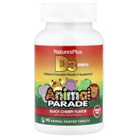 NaturesPlus, Animal Parade, Vitamin D3, zuckerfrei, Schwarzkirsche, 12,5 mcg (500 IU), 90 Tabletten in Tierform