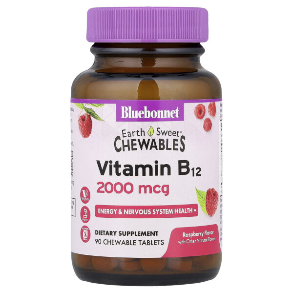 Bluebonnet Nutrition, EarthSweet Kautabletten, Vitamin B12, Natürlicher Himbeergeschmack, 2,000 mcg, 90 Kautabletten