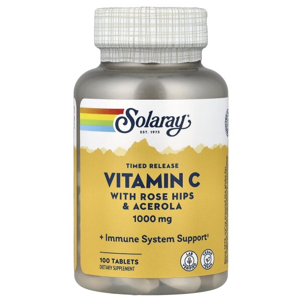 Solaray, Time Release Vitamin C with Rose Hip & Acerola, Vitamin C mit zeitversetzter Freisetzung, mit Hagebutte und Acerola, 1.000 mg, 100 Tabletten