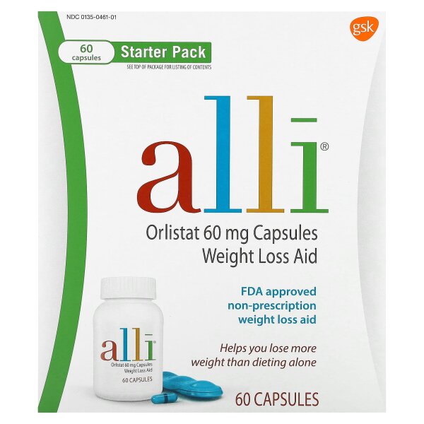 Alli, Orlistat, Weight Loss Aid, Hilfsmittel zur Gewichtsreduktion, Starterpaket, 60 mg, 60 Kapseln