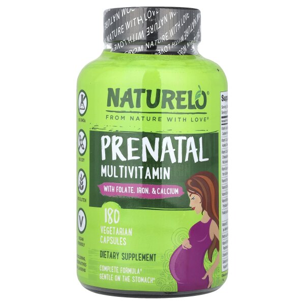 NATURELO, Prenatal Multivitamin With Folate, Iron & Calcium, pränatales Multivitamin mit Folat, Eisen und Calcium, 180 pflanzliche Kapseln