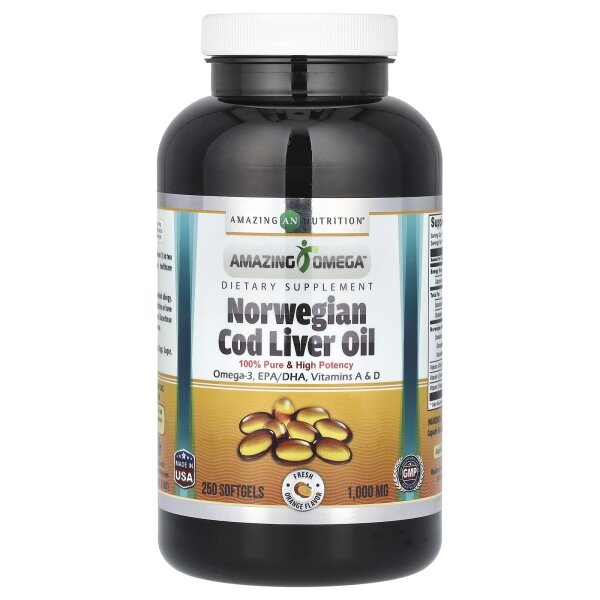 Amazing Nutrition, Amazing Omega, norwegischer Kabeljau-Lebertran, frische Orange, 1.000 mg, 250 Weichkapseln
