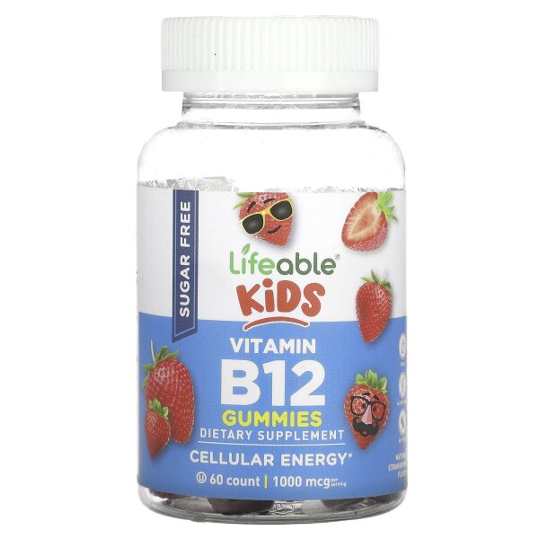 Lifeable, Kids Vitamin B12 Gummies, Vitamin-B12-Fruchtgummis für Kinder, zuckerfrei, natürlicher Erdbeergeschmack, 60 Fruchtgummis