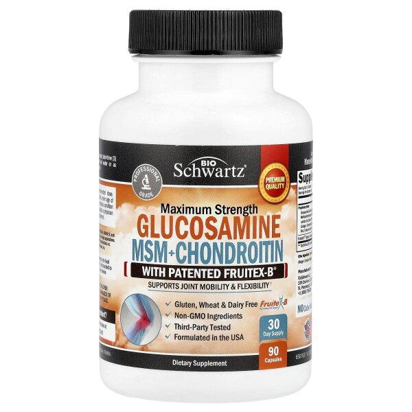 BioSchwartz, Glucosamin MSM + Chondroitin mit patentiertem Fruitex-B®, maximale Stärke, 90 Kapseln