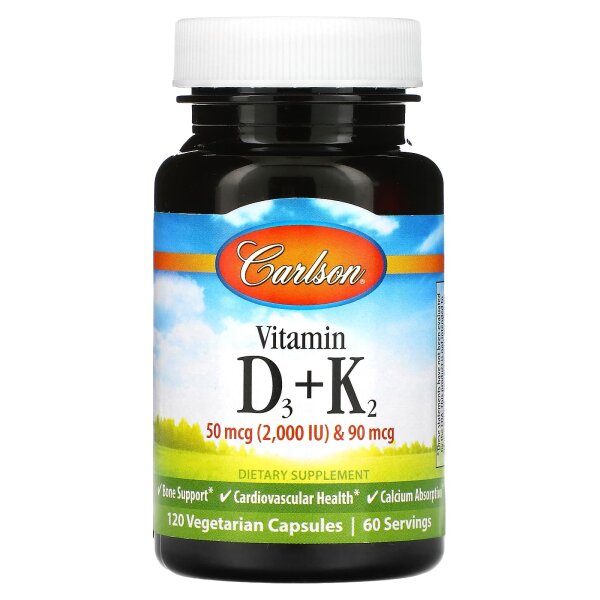 Carlson, Vitamin D3 + K2, 50 mcg (2.000 IU) und 90 mcg, 120 vegetarische Kapseln