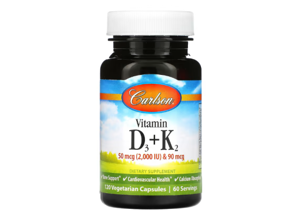 Carlson, Vitamin D3 + K2, 50 mcg (2.000 IU) und 90 mcg, 120 vegetarische Kapseln