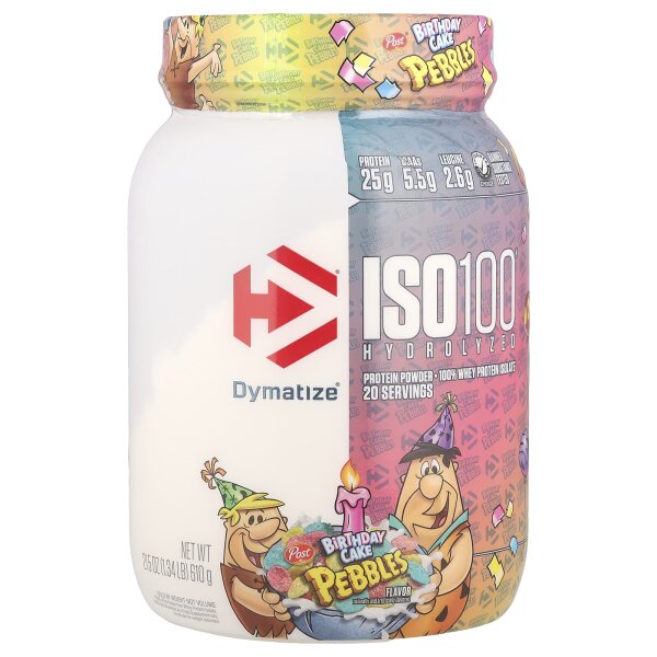Dymatize, ISO100® Hydrolyzed, hydrolysiertes 100% Molkenproteinisolat, Pebbles™ Geburtstagstorte, 610 g
