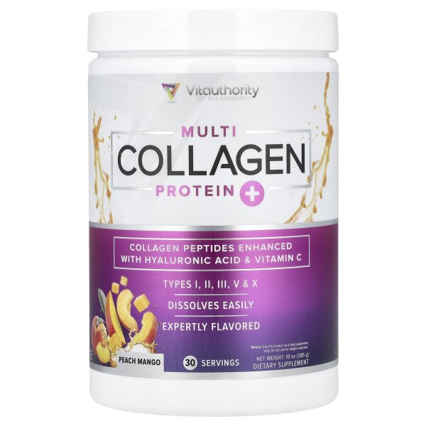 Vitauthority, Multi Collagen Protein+, Multi-Kollagen-Protein+, Pfirsich-Mango, 285 g