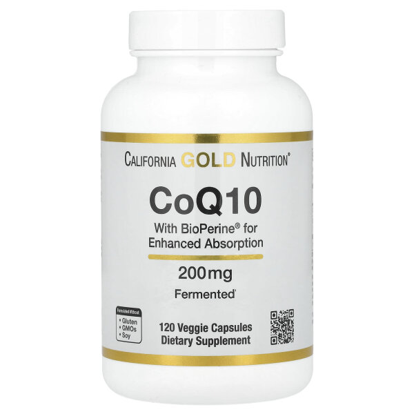 California Gold Nutrition, CoQ10 mit BioPerine® Schwarzem-Pfeffer-Extrakt, verbesserte Bioverfügbarkeit, 200 mg, 120 pflanzliche Kapseln