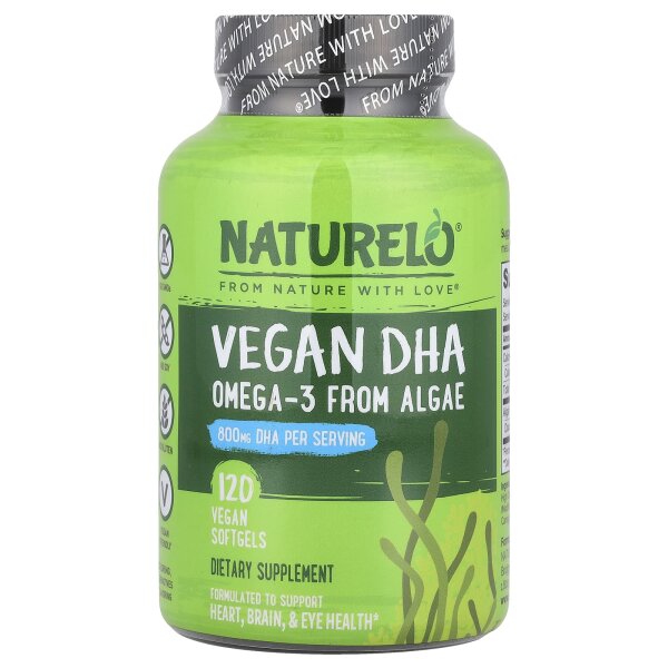 NATURELO, Veganes DHA, Omega-3 aus Algen, 120 vegane Weichkapseln