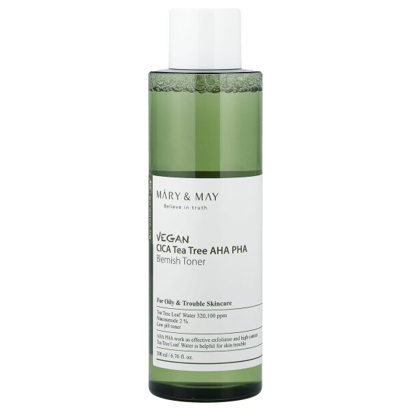 Mary & May, veganes CICA-Teebaum-AHA-PHA-Gesichtswasser gegen Unreinheiten, 200 ml