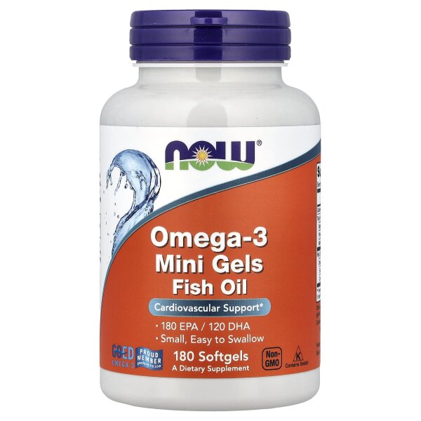 NOW Foods, Omega-3 Mini Gels Fish Oil, Omega-3-Miniweichkapseln aus Fischöl, 180 Weichkapseln (0,5 g pro Weichkapsel)
