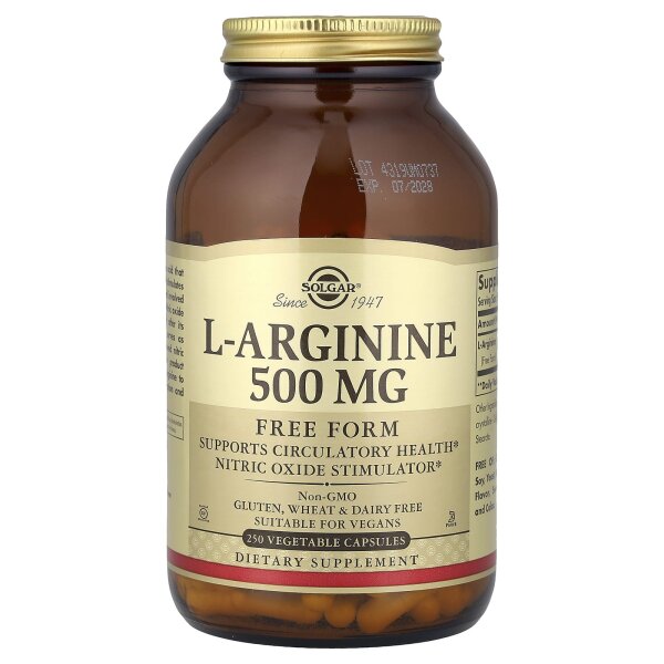 Solgar, L-Arginin, freie Form, 500 mg, 250 pflanzliche Kapseln