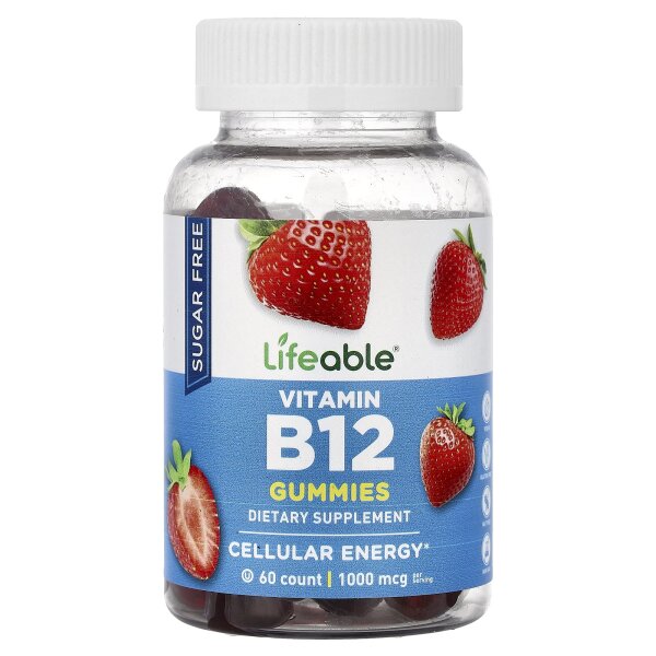 Lifeable, Vitamin B12, zuckerfrei, natürlicher Erdbeergeschmack, 60 Fruchtgummis