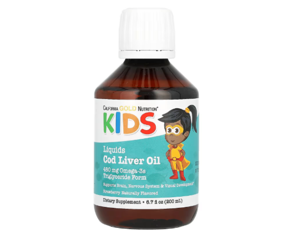 California Gold Nutrition, MHD 05 / 2026 Norwegian Kids Cod Liver Oil, Kabeljau-Lebertran für Kinder, natürlicher Erdbeergeschmack, 200 ml #1