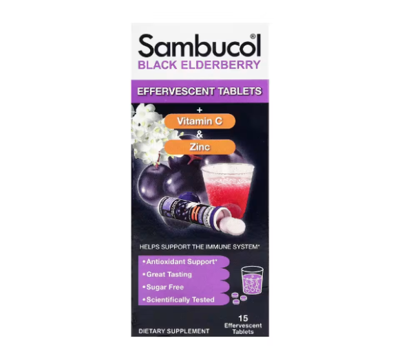 Sambucol, MHD 06 / 2026 Black Elderberry, Effervescent Tablets + Vitamin C & Zinc, Schwarzer Holunder, Brausetabletten + Vitamin C und Zink, ab 4 Jahren, 15 Brausetabletten #1