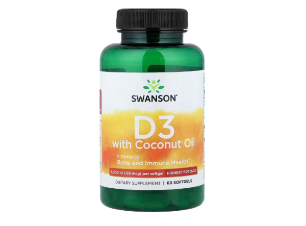 Swanson, Vitamin D3 mit Kokosnussöl, höchste Wirksamkeit, 60 Weichkapseln