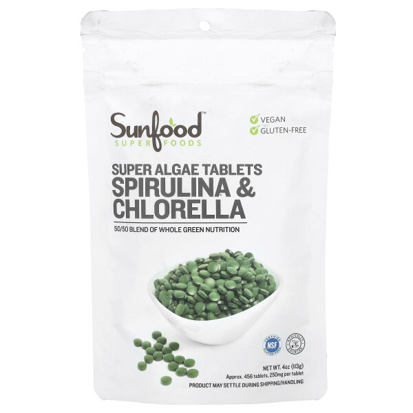 Sunfood,  Algentabletten mit Spirulina und Chlorella, 250 mg, ca. 456 Tabletten