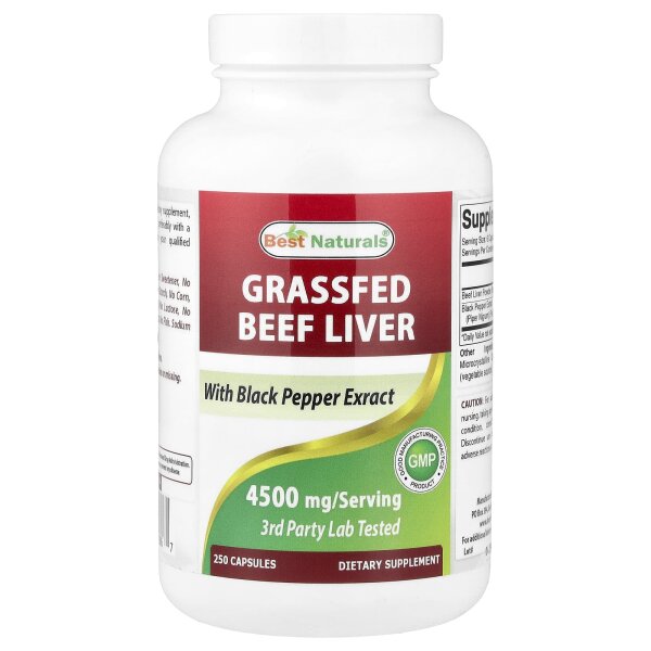 Best Naturals, Grassfed Beef Liver, Leber von grasgefütterten Rindern, 250 Kapseln