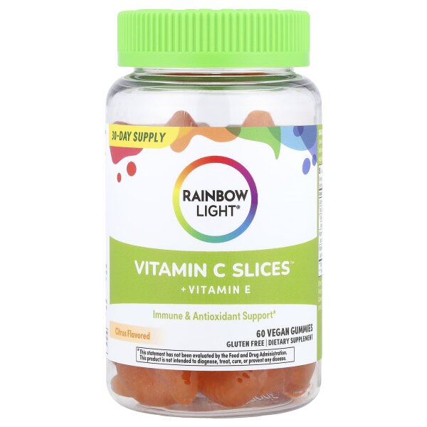 Rainbow Light, Vitamin C Slices™ + Vitamin E, Zitrus, 60 vegane Fruchtgummis