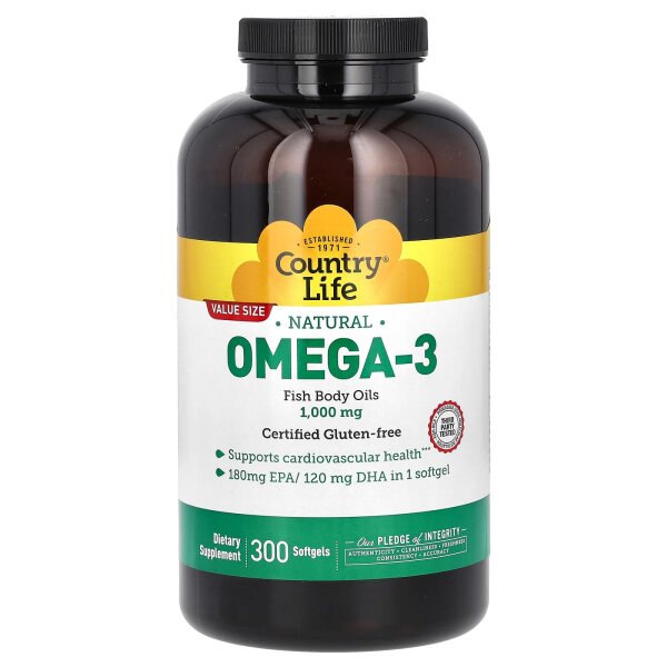 Country Life, Omega-3, 1000 mg, 300 Weichkapseln - DE Versand via DHL