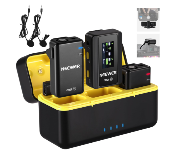 NEEWER CM28 kabelloses Lavalier Mikrofonsystem mit Ladeetui, 2 Mikrofon Clips