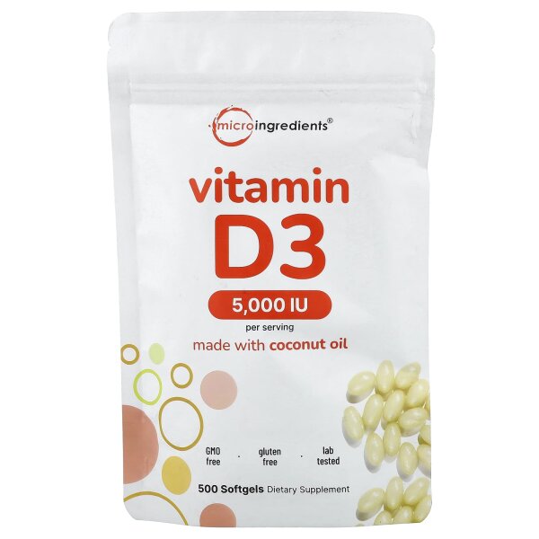 Micro Ingredients, Vitamin D3, 5.000 IU, 500 Weichkapseln