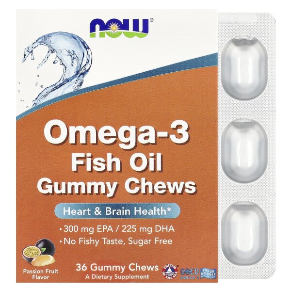 NOW Foods, Omega-3 Fish Oil Gummy Chews, Kau-Snacks mit Omega-3-Fischöl, Passionsfrucht, 36 Fruchtgummi-Kau-Snacks