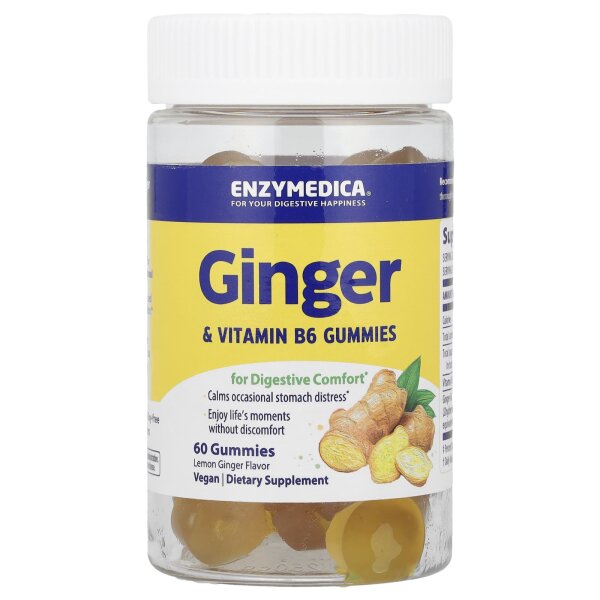 Enzymedica, Ginger & Vitamin B6 Gummies, Fruchtgummis mit Ingwer und Vitamin B6, Zitrone-Ingwer, 60 Fruchtgummis
