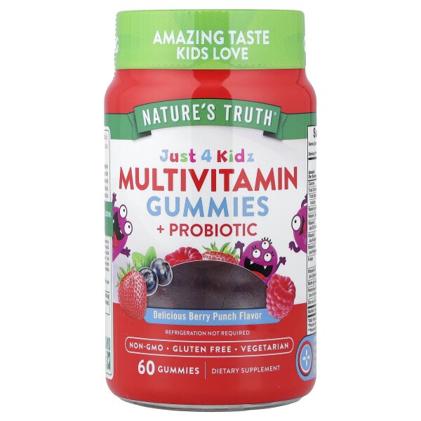 Natures Truth, Just 4 Kidz, Multivitamin + Probiotikum, natürlicher Beerenpunsch, 60 vegetarische Fruchtgummis