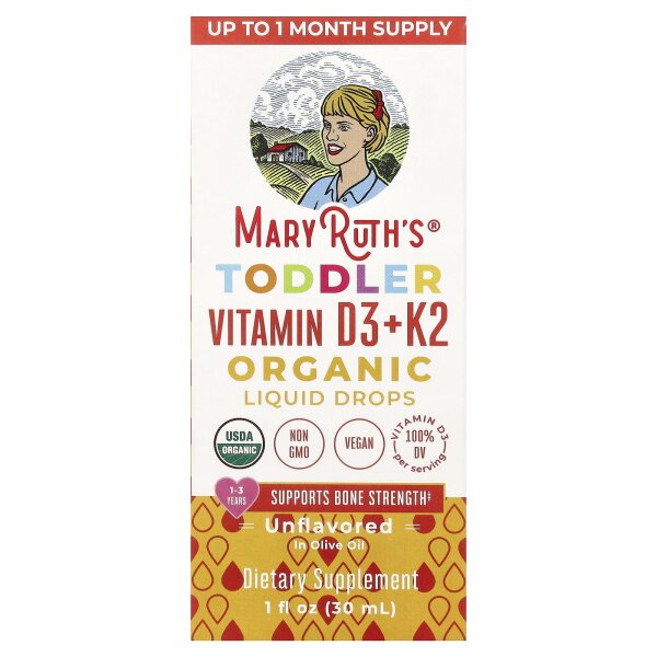 MaryRuths, Organic Kleinkinder-Vitamin D3 + K2 Liquid Drops, 1-3 Jahre, geschmacksneutral, 30 ml (1 fl. oz.)