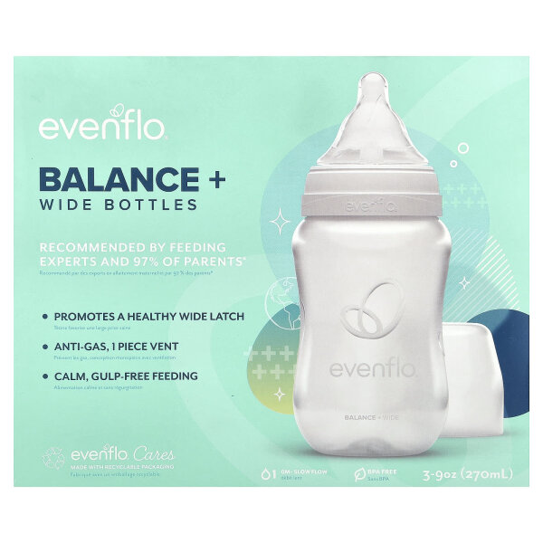 Evenflo Feeding, Balance+ Bottles, Breit, ab 0 Monaten, langsamer Fluss, 3 Flaschen, je 270 ml (9 oz.).