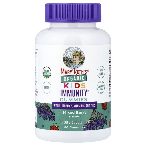 MaryRuths, Organic Kids Immunity Gummies with Elderberry, Vitamin C und Zinc, Bio-Fruchtgummis für das Immunsystem von Kindern mit Holunder, Vitamin C und Zink, gemischte Beeren, 60 Fruchtgummis