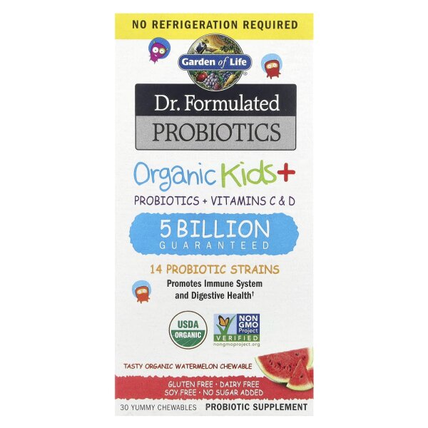 Garden of Life, Dr. Formulated Probiotics, Organic Kids+, Probiotics, Bio-Probiotika für Kinder, Vitamine C und D, leckere Bio-Wassermelone, 30 leckere Kautabletten