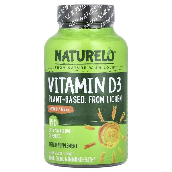 NATURELO, Vitamin D3, 125 mcg (5.000 IU), 180 einfach zu schluckende Kapseln