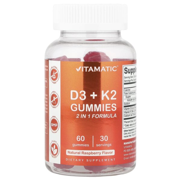 Vitamatic, D3 + K2 Gummies, D3 + K2-Fruchtgummis, natürliche Himbeere, 60 Fruchtgummis