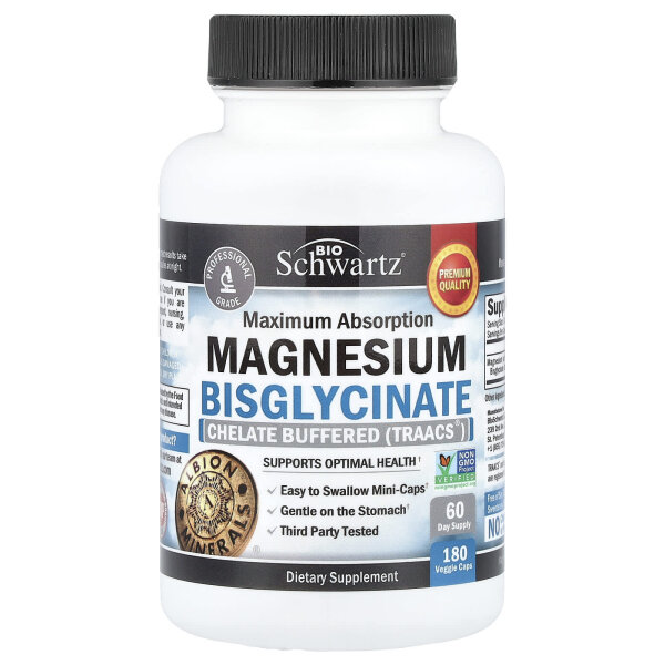 BioSchwartz, Maximum Absorption Magnesium Bisglycinate, Magnesiumbisglycinat mit maximaler Absorption, 180 pflanzliche Kapseln (24 mg pro Kapsel)