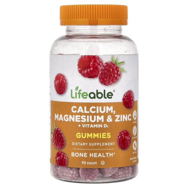 Lifeable, Calcium, Magnesium & Zinc + Vitamin D3 Gummies, Fruchtgummis mit Calcium, Magnesium und Zink, Himbeere, 90 Fruchtgummis