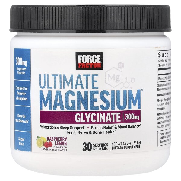 Force Factor, Ultimate Magnesium® Glycinate Drink Mix, Magnesium-Glycinat-Trinkmischung, Himbeer-Zitrone, 123,6 g (4,36 oz.)