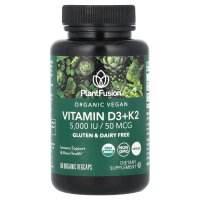 PlantFusion, Organic Vegan Vitamin D3+ K2, veganes Bio-Vitamin D3+ K2, 5.000 IU/50 mcg, 60 pflanzliche Bio-Kapseln