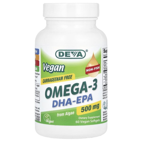 Deva, Veganes Omega-3 DHA-EPA, 500 mg, 60 vegane Weichkapseln