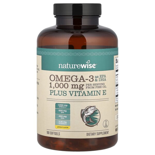 NatureWise, Omega-3 Plus Vitamin E, Omega-3 plus Vitamin E, Zitrone, 180 Weichkapseln