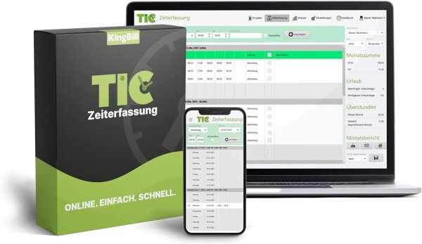 KingBill TIC, Online Zeiterfassung für Arbeitszeiten, Urlaube & Projekte, 1 Jahr