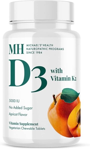 Michaels Naturopa,Vitamin D3 mit Vitamin K2, Aprikose, 5.000 IU, 90 Kautablette