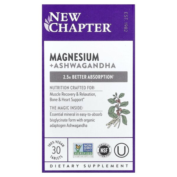 New Chapter, Magnesium + Ashwagandha, 30 vegane Tabletten