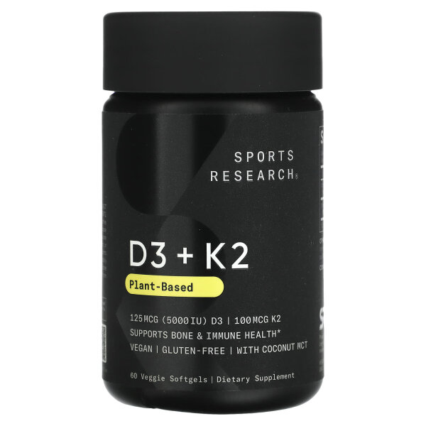 Sports Research, Vitamin D3 + K2, auf pflanzlicher Basis, 60 Weichkapseln