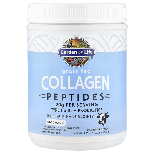 Garden of Life, Grass Fed Collagen Peptides, Unflavored, Kollagenpeptide von grasgef?tterten K?hen, geschmacksneutral, 560 g (19,75 oz.)