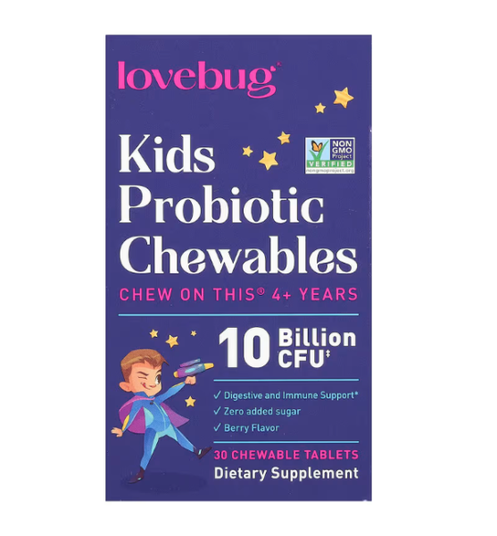 LoveBug Probiotics, Kids Probiotics, Probiotika f?r Kinder ab 4 Jahren, 10 Milliarden KBE, Beerengeschmack, 30 Kautabletten